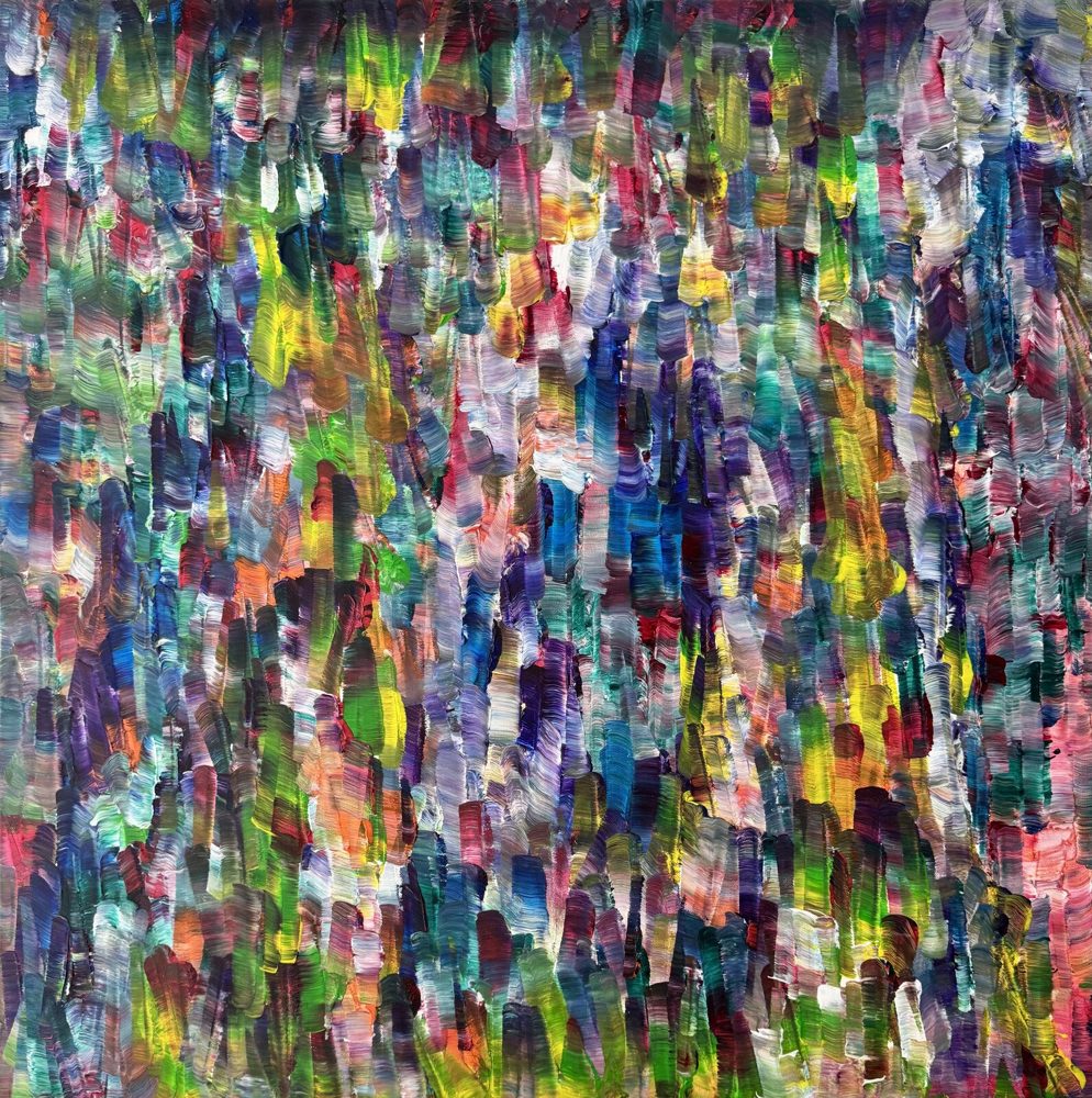Abstract acrylic painting, dense vertical columns of purple, green, gold, and crimson on a square canvas.