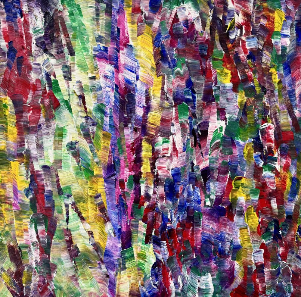 Abstract acrylic painting, high-contrast vertical strokes of violet, gold, and crimson on a small canvas.