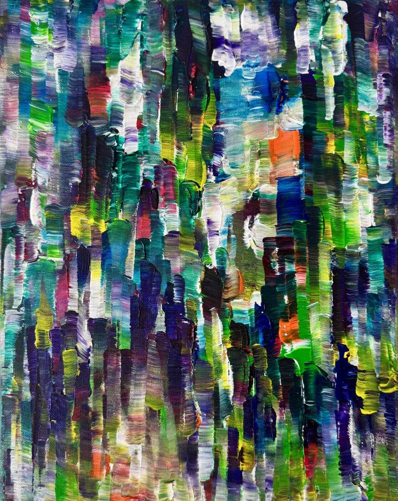 Abstract acrylic painting, dark indigo and burnt orange vertical strokes on a small canvas.