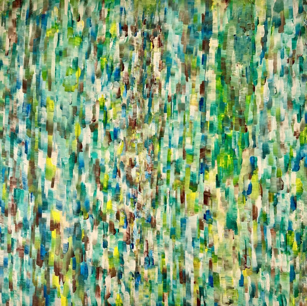 Abstract acrylic painting, loose vertical columns of green and teal on a large square canvas.