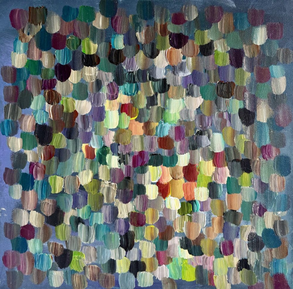 Abstract acrylic painting, muted mosaic of rose, sage, and plum dabs on a square canvas.