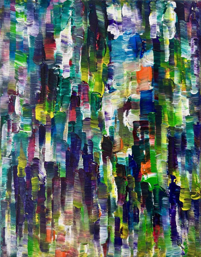 Abstract acrylic painting, dark plum and crimson strokes interrupted by white and orange, small canvas.
