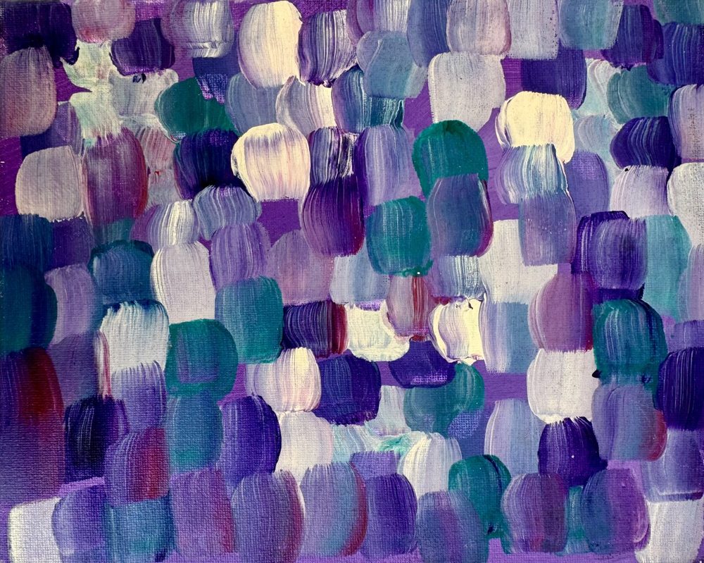 Abstract acrylic painting, dense diagonal strokes of magenta and teal on a small canvas.