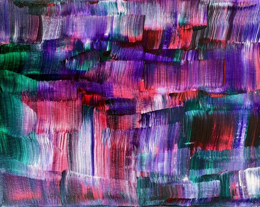 Abstract acrylic painting, loosely gathered dabs of plum, tan, and cream on a small canvas.