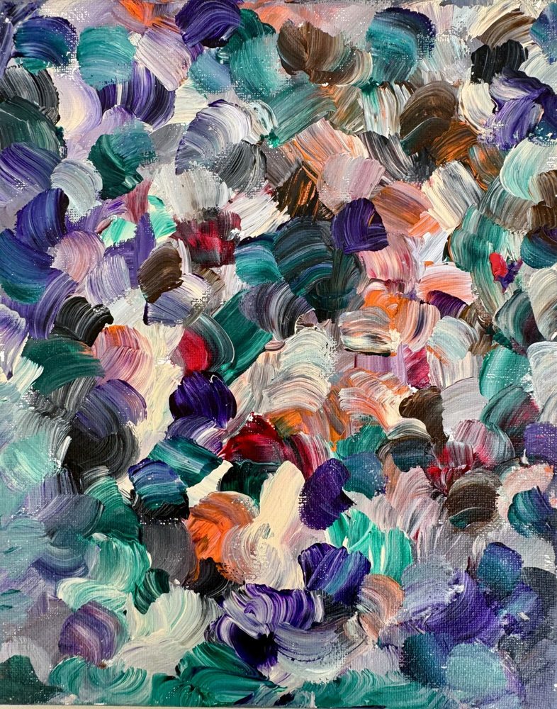 Abstract acrylic painting, dense mosaic of dark plum, cream, and rose warming at the edges.