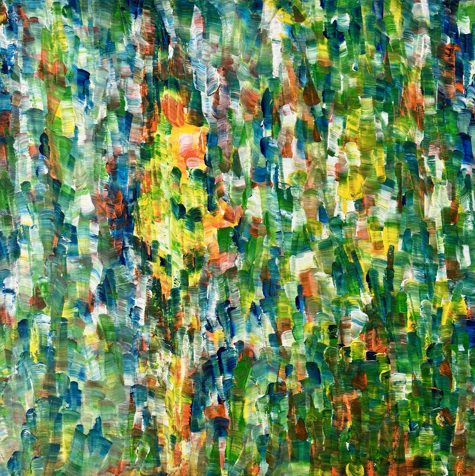 Abstract acrylic painting, vertical strokes of green and gold on a square canvas.